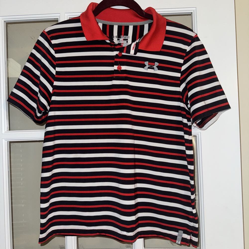 Under Armour Youth Heat Gear SS Polo Shirt - Black Red White Striped - Youth XL